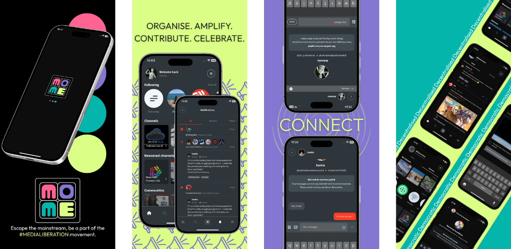 Screenshots of the Mo-Me app in black, pink, lime and purple with the words: Organise. Amplify. Contribute. Celebrate.